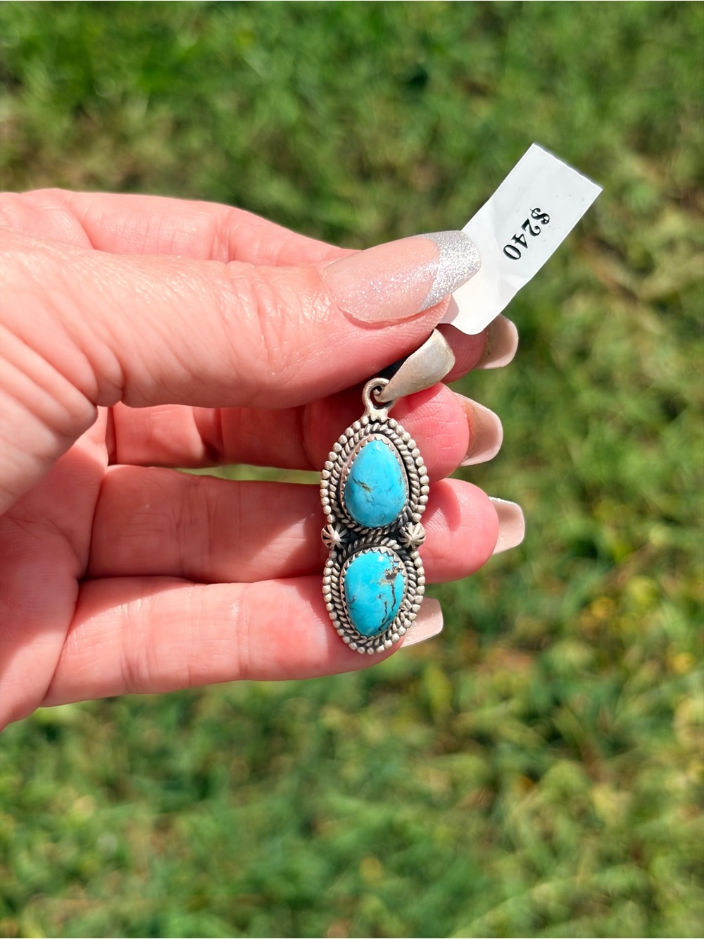 925 Sterling Silver Tonopah Turquoise Double Stone Pendant - Picture 4 of 10
